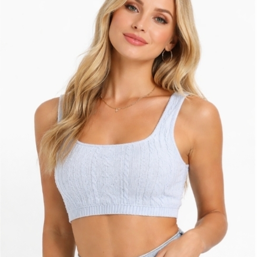 Zara Pale Blue Cable Knit Cropped Tank